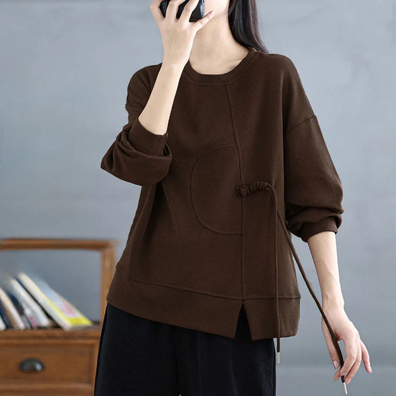 Buddha Stones Plain Frog-button Design Crew Neck Cotton Women's Long Sleeve Sweatshirt