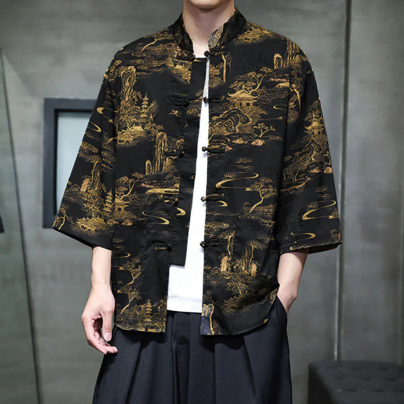 Buddha Stones Spring Frog-Button Dragon Mountain Flower Three Quarter Sleeve Tang Suit Men's Shirt With Pockets