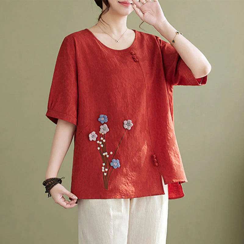 Buddha Stones Three-dimensional Flowers Design Crew Neck Short Sleeve Cotton Women's Shirt