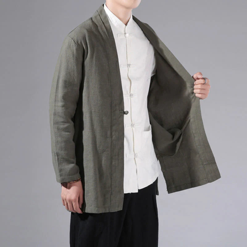 Buddha Stones Plain Simple Design Open Front Cotton Linen Men's Long Sleeve Jacket Kimono
