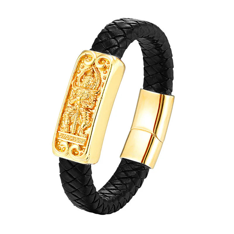 Buddha Stones Buddha Symbol Titanium Steel Leather Strengthen Bracelet