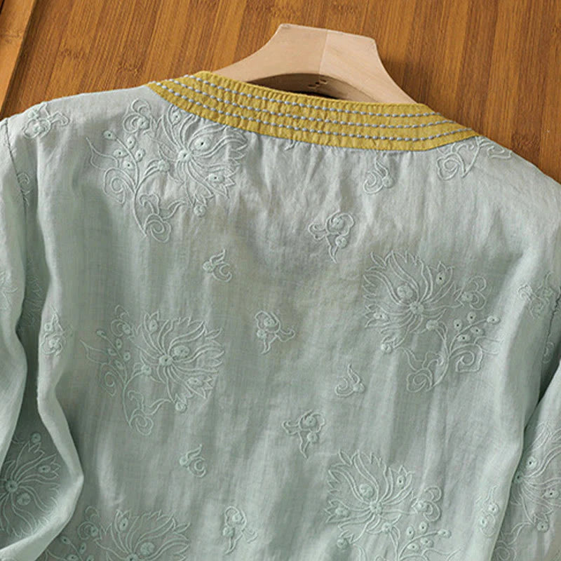 Buddha Stones Summer Vintage Embroidery Plant Floral Lace-Up Design V-Neck Women's Cotton Linen Shirt
