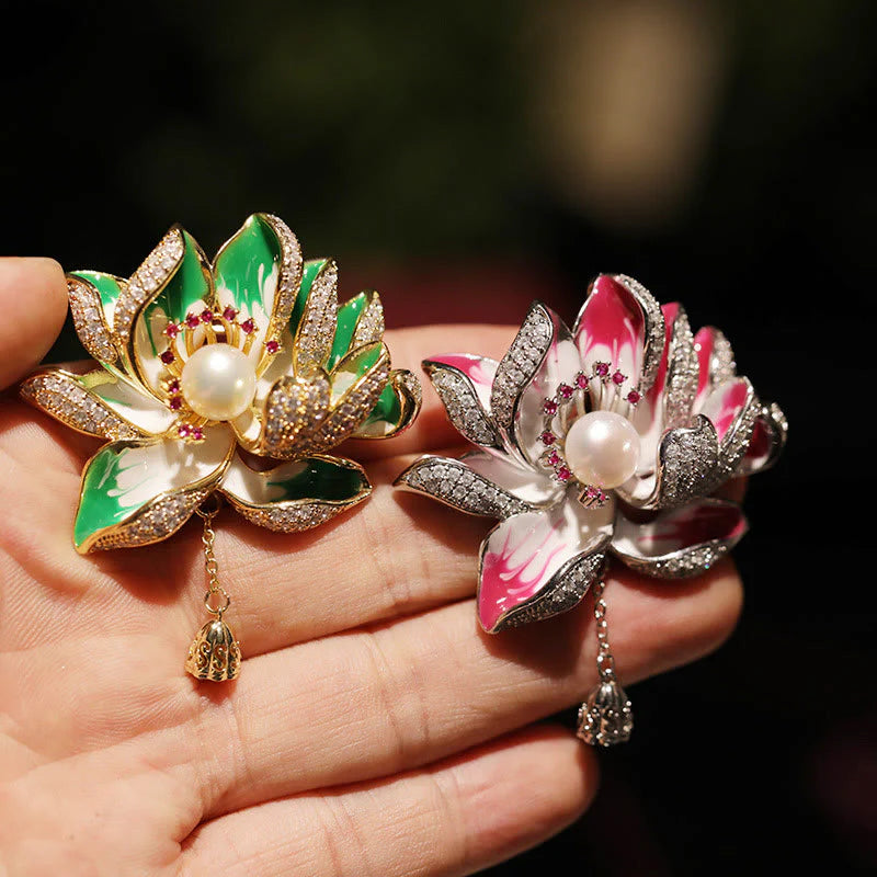 Buddha Stones Lotus Flower Pearl New Beginning Copper Brooch