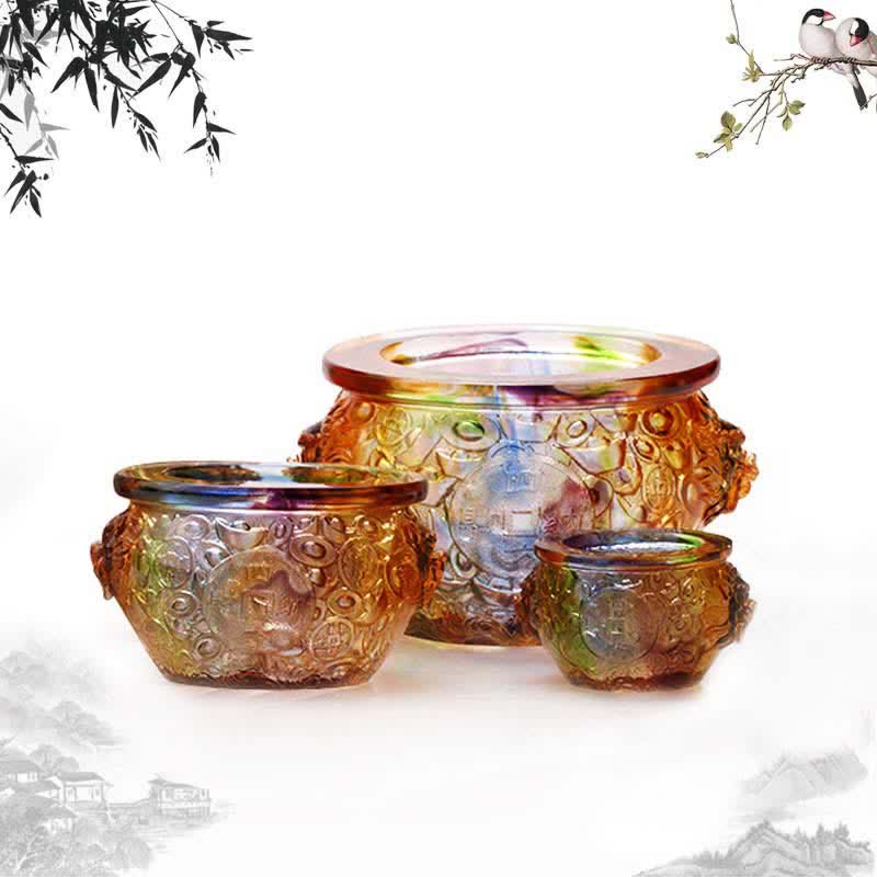 Buddha Stones Handmade Liuli Crystal Treasure Bowl Art Piece Home Decoration