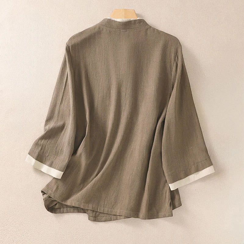 Buddha Stones Retro Lace-up Frog-Button Design Women's Three Quarter Sleeve Cotton Linen Shirt