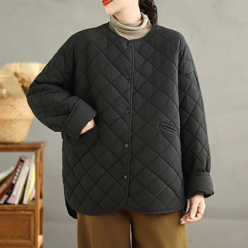 Buddha Stones Women's Buttons Design Cotton Thermal Diamond-quilted Long Sleeve Jacket With Pockets