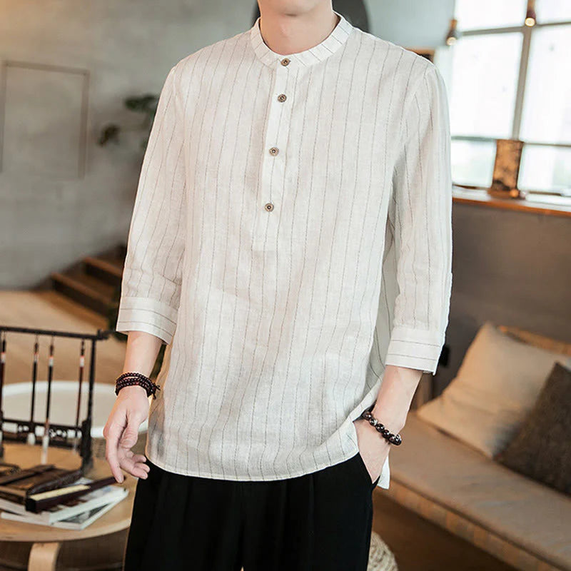 Buddha Stones Plaid Half Buttons Stand Collar Three Quarter Sleeve Cotton Men's Shirt
