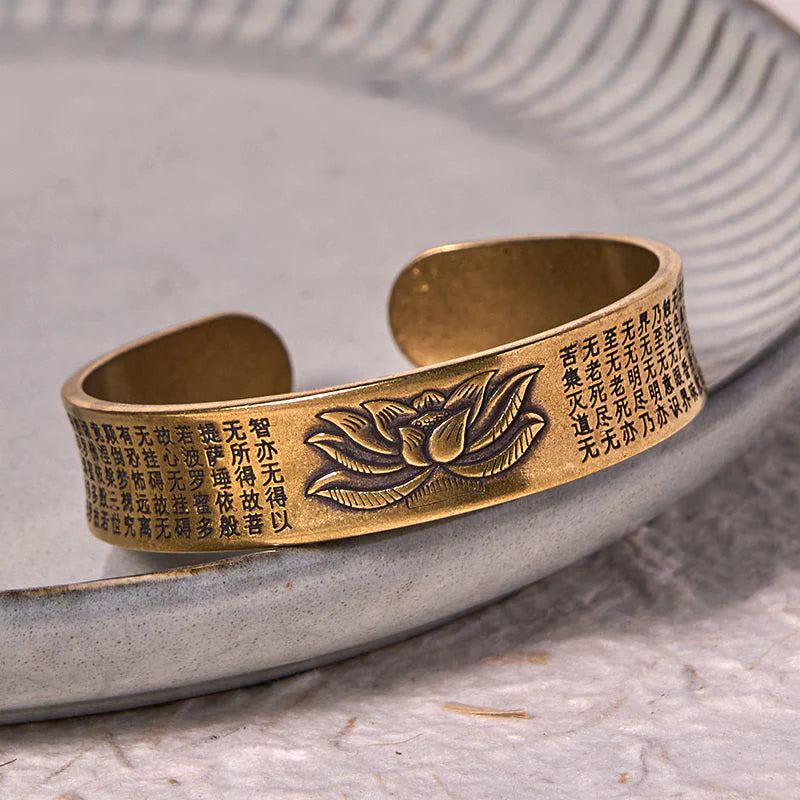 Buddha Stones Heart Sutra Lotus Flower Copper Brass Peace Cuff Bracelet Bangle