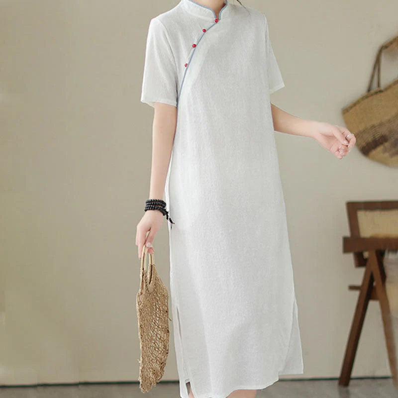 Buddha Stones Jacquard Solid Color Cotton Linen Short Sleeve Cheongsam Qipao Midi Dress With Pockets
