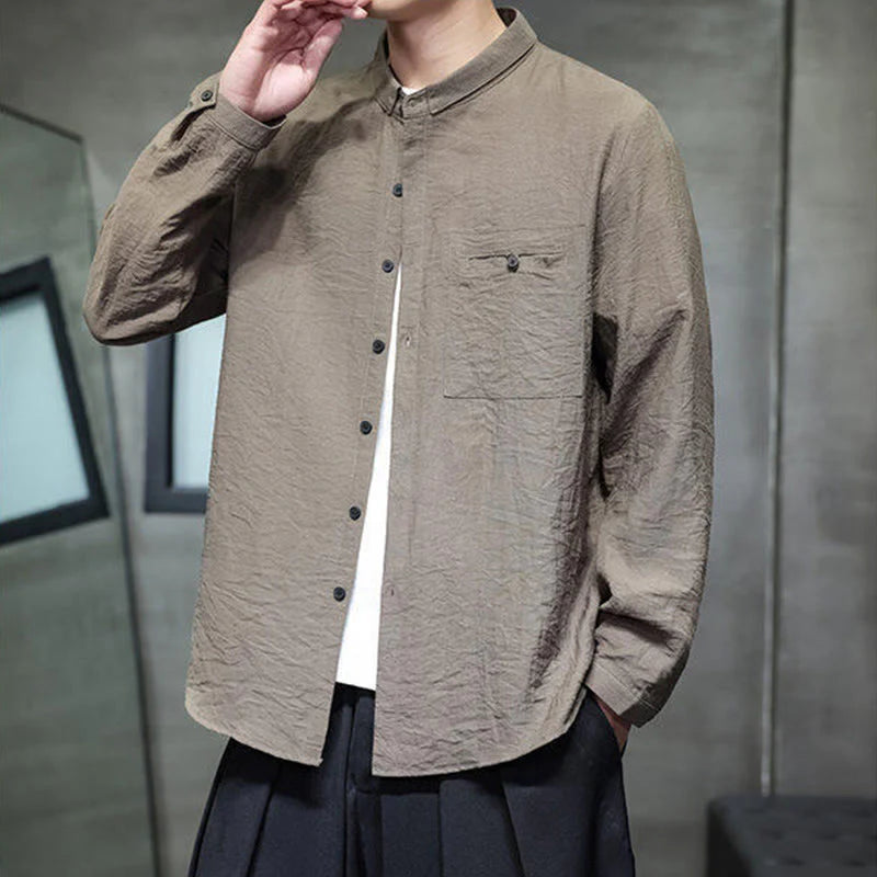 Buddha Stones Spring Men's Solid Color Buttons Design Long Sleeve Shirt