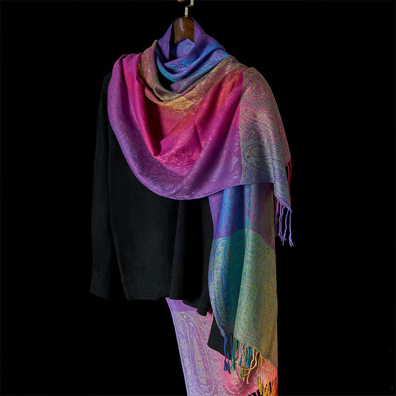 Buddha Stones Spring Colorful Gradient Cashew Flower Pattern Tassel Cozy Scarf Shawl
