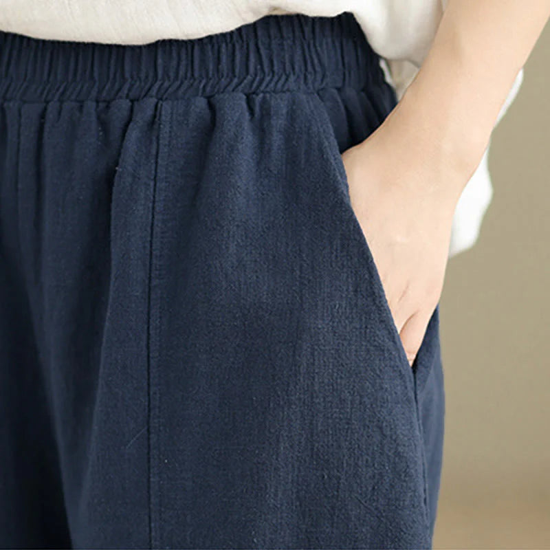 Buddha Stones Solid Color Cotton Linen Women's Straight Leg Pants With Pockets