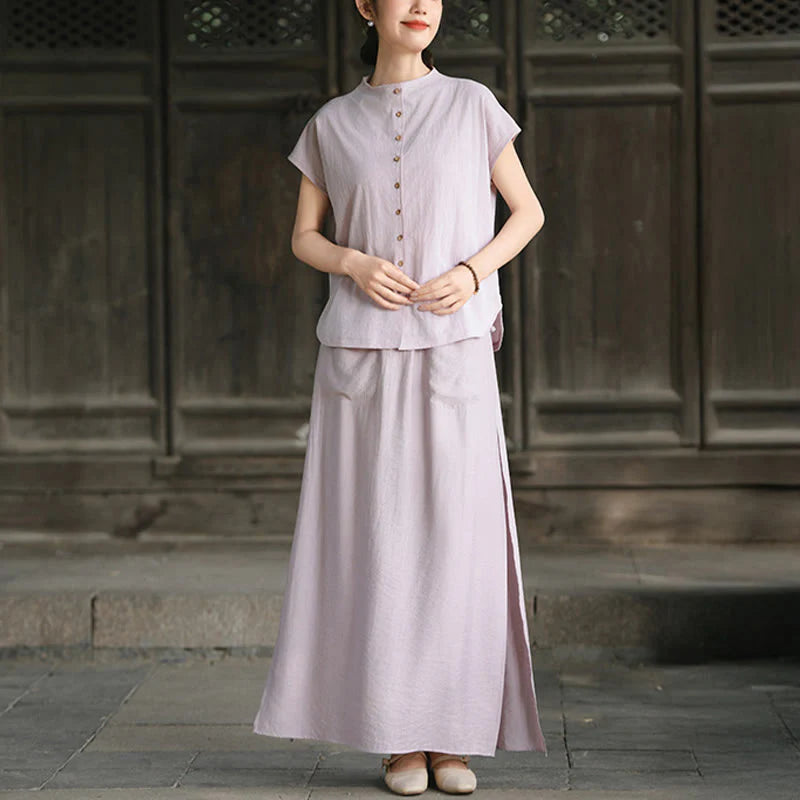 Buddha Stones 2Pcs Buttons Short Sleeve Shirt Top Skirt With Pockets Meditation Cotton Women's Set