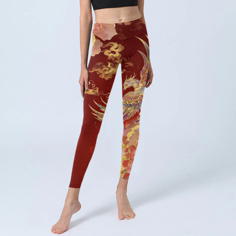 Buddha Stones Gorgeous Phoenix Peony Cloud Pattern Print Gym Leggings Women's Yoga Pants