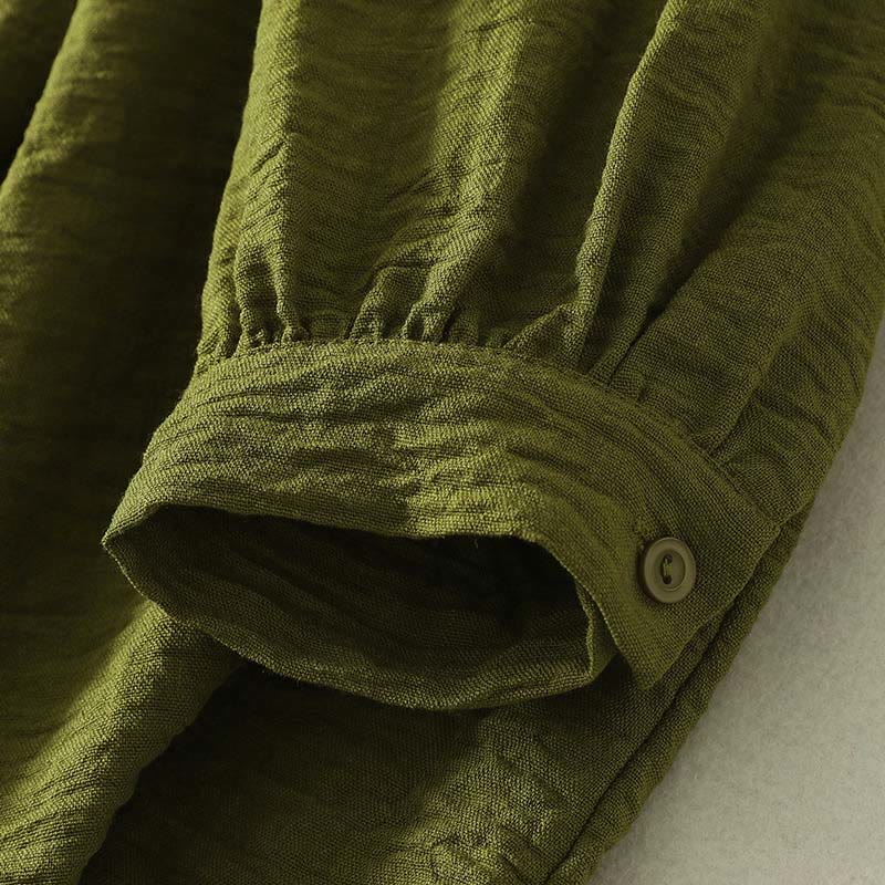 Buddha Stones Casual Olive Green Crew Neck Women's Cotton Linen Long Sleeve Shirt