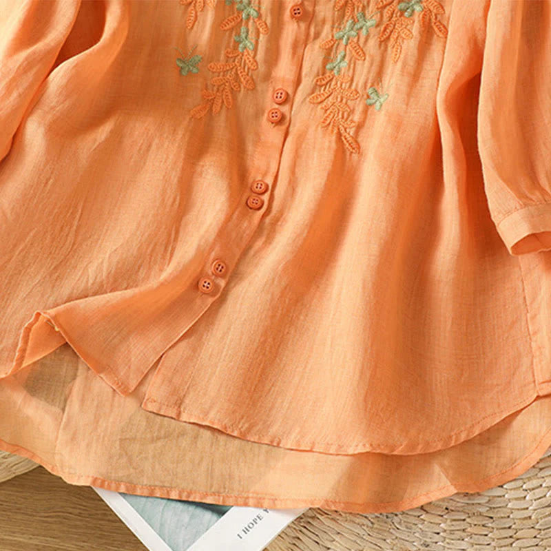 Buddha Stones Casual Plant Embroidery Stand Collar Women's Cotton Blend Three Quarter Sleeve Shirt