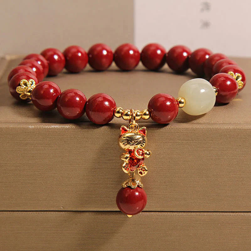 Buddha Stones Wishing You Good Fortune and Joy Cat Cinnabar Bracelet Includes Gift Message Card