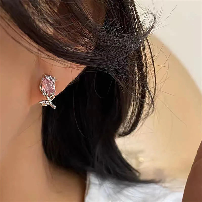 Buddha Stones Pink Purple Tulip Zircon Copper Healing Stud Earrings