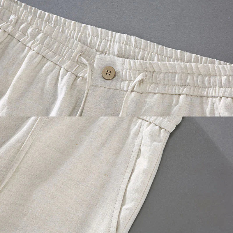 Buddha Stones Summer Solid Color Drawstring Button Design Men's Linen Shorts With Pockets