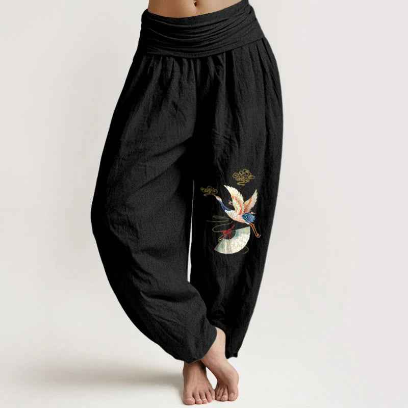 Buddha Stones Crane Folding Fan Auspicious Clouds Pattern Women's Elastic Waist Harem Cotton Pants