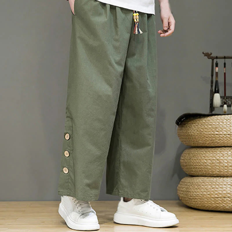 Buddha Stones Solid Color Linen Buttons Drawstring Men's Straight Leg Pants With Pockets