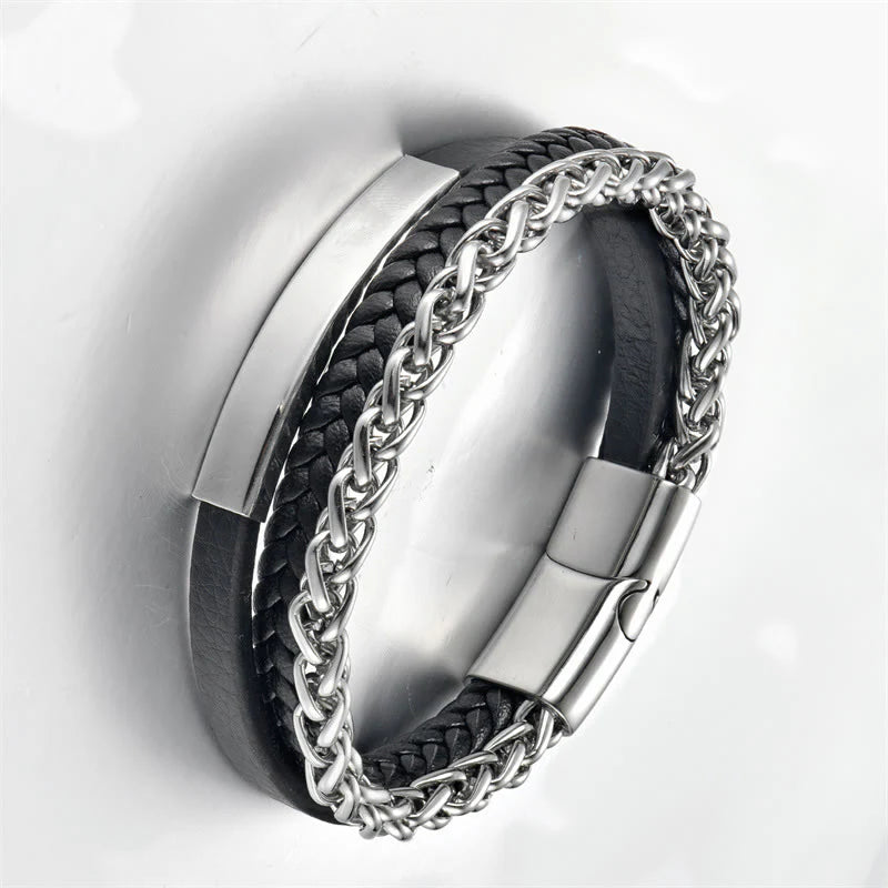 Buddha Stones Woven Pattern Titanium Steel Stimulation Multi-layer Leather Buckle Bracelet