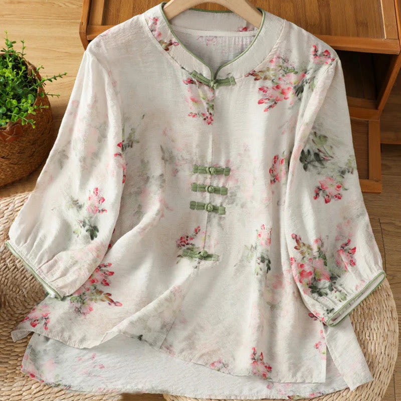 Buddha Stones Printing Floral Plain Chinese Frog-Button Women's Cotton Three Quarter Sleeve Shirt