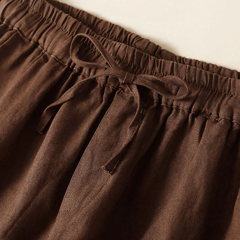 Buddha Stones Plain Color Bottom Hollow Lace Design Lace-up Cotton Women's Shorts With Pockets