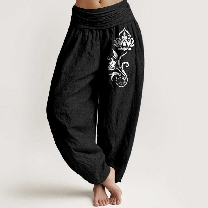 Buddha Stones Sitting Buddha Lotus Floral Pattern Elastic Waist Women's Harem Pure Cotton Pants