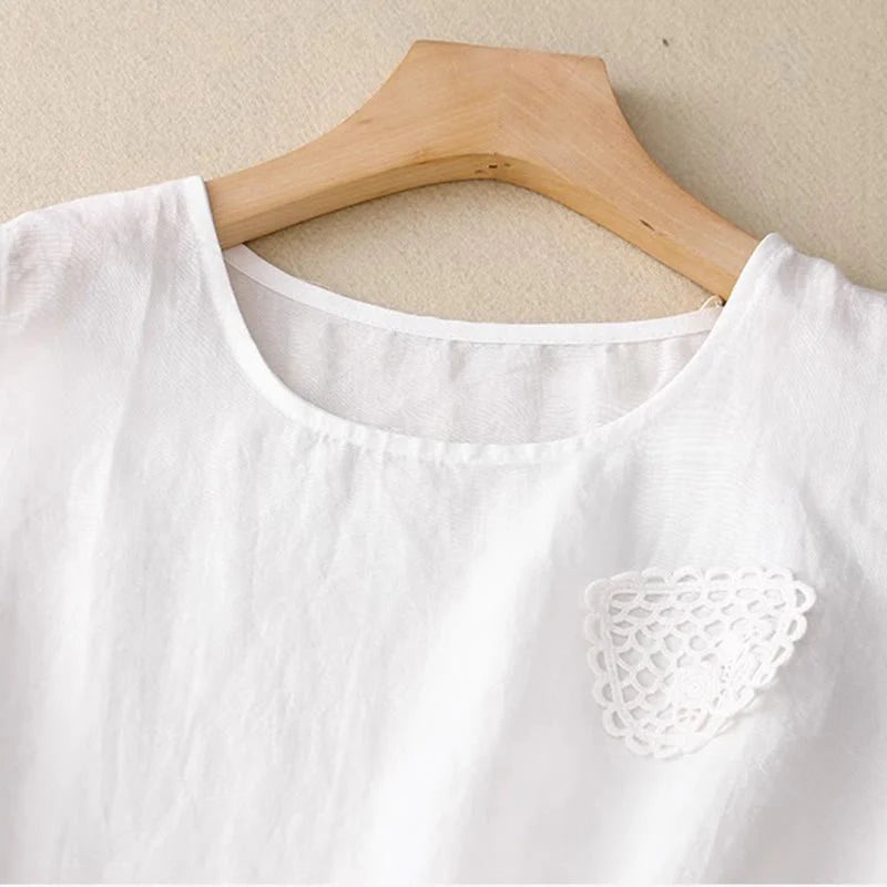 Buddha Stones Casual Pure Color Embroidery Patchwork Design Sleeveless Crew Neck Women's Cotton Linen Vest