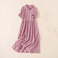 Buddha Stones Summer Buttons Design Short Sleeve Cotton Linen Midi Dress With Pockets