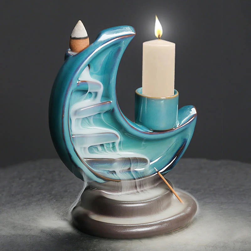 Buddha Stones Blue Crescent Moon Ceramic Backflow Smoke Fountain Meditation Candlestick Incense Burner Decoration