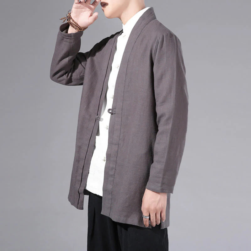 Buddha Stones Plain Simple Design Open Front Cotton Linen Men's Long Sleeve Jacket Kimono