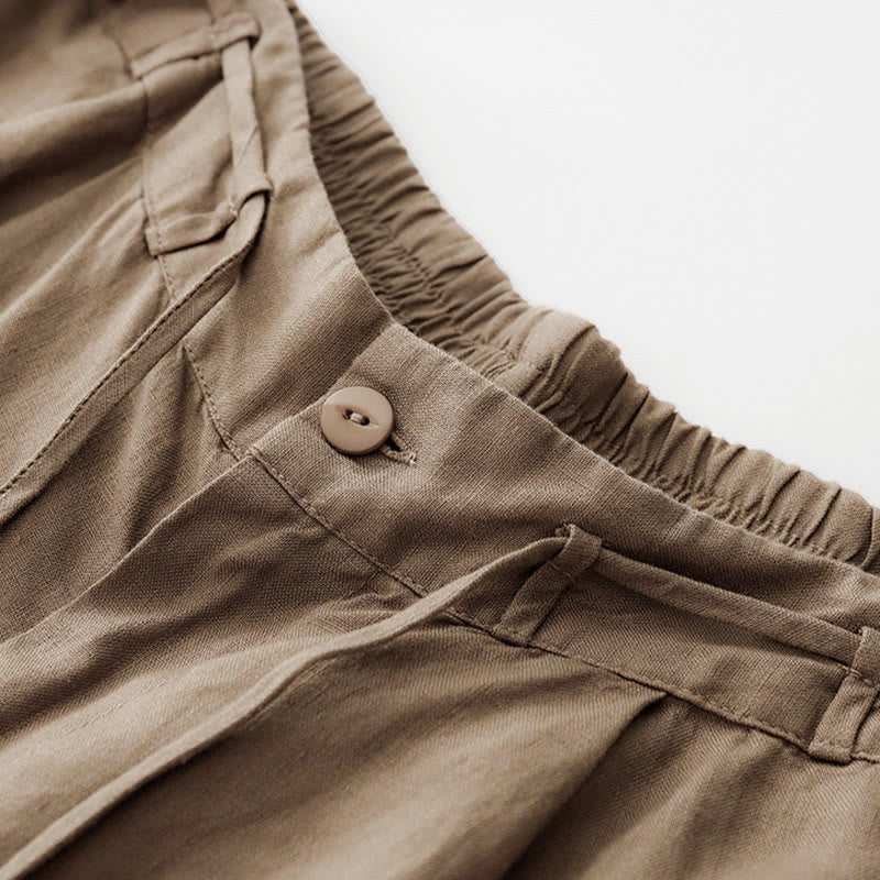 Buddha Stones Summer Plain Color Ankle-Length Drawstring Cotton Linen Women's Wide Leg Pants With Pockets Zipper