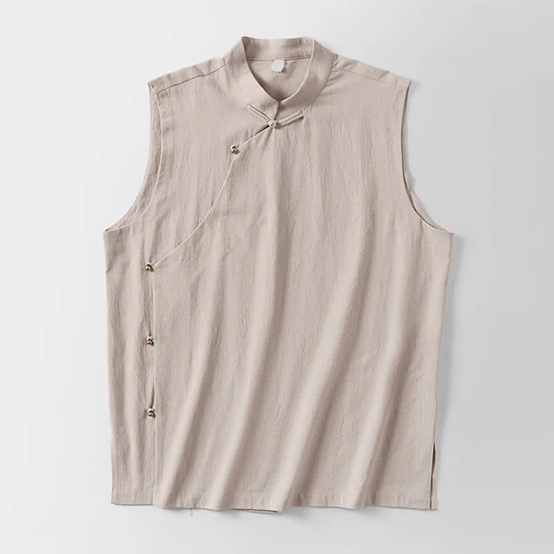 Buddha Stones Summer Solid Color Stand Collar Frog-Button Men's Cotton Linen Sleeveless Vest