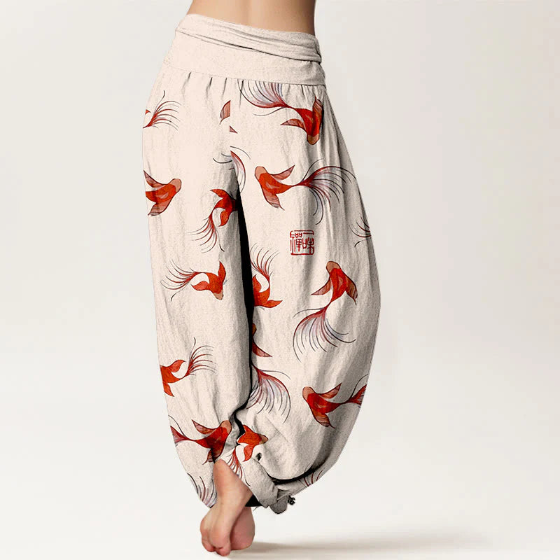 Buddha Stones Print Pure Cotton Koi Fish Pattern Women's Elastic Waist Harem Pants