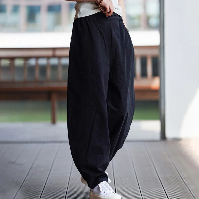 Buddha Stones Summer Plain One Chinese Frog-Button Straight Leg Design Men's Cotton Linen Pants With Pockets