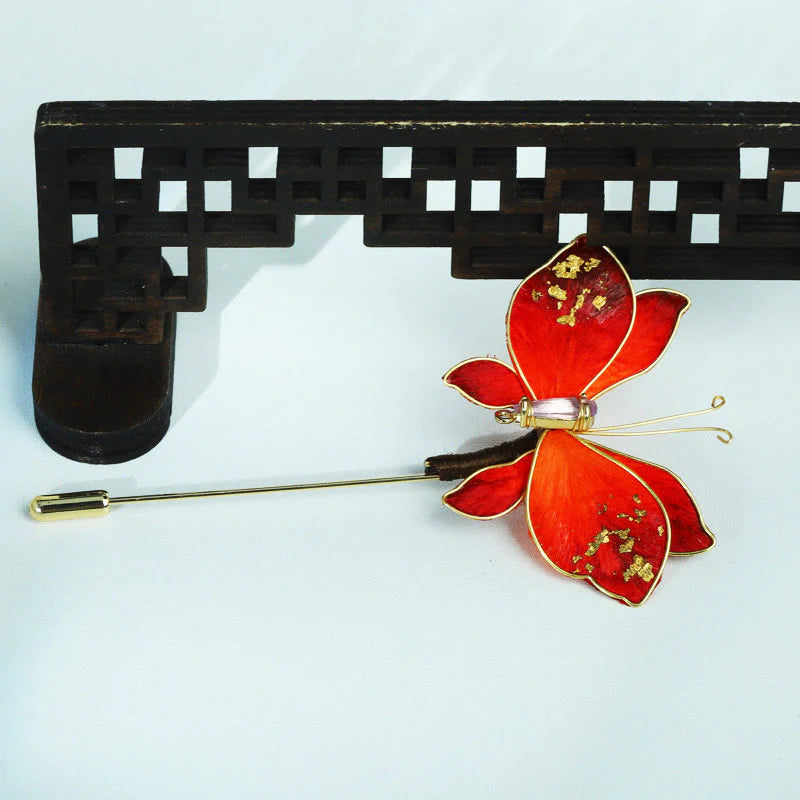 Buddha Stones Handcrafted Silk Art Velvet Flower Red Butterfly Brooch