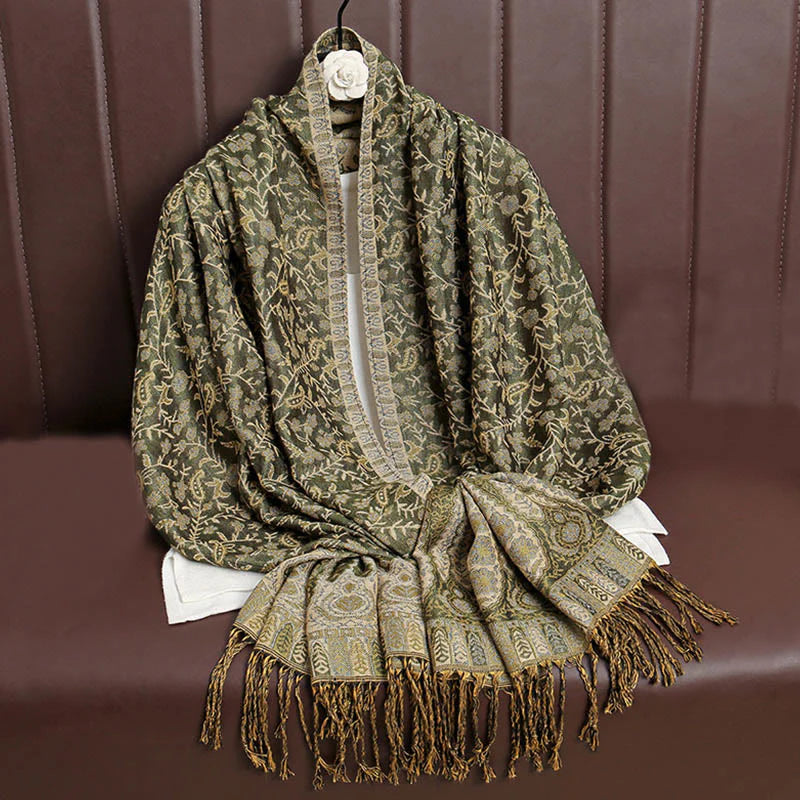 Buddha Stones Tibetan Jacquard Paisley Flower Pattern Color Contrast Design Tassel Cozy Scarf Shawl