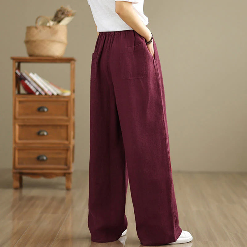 Buddha Stones Commute Retro Solid Color Women's Harem Drawstring Cotton Pants With Pockets