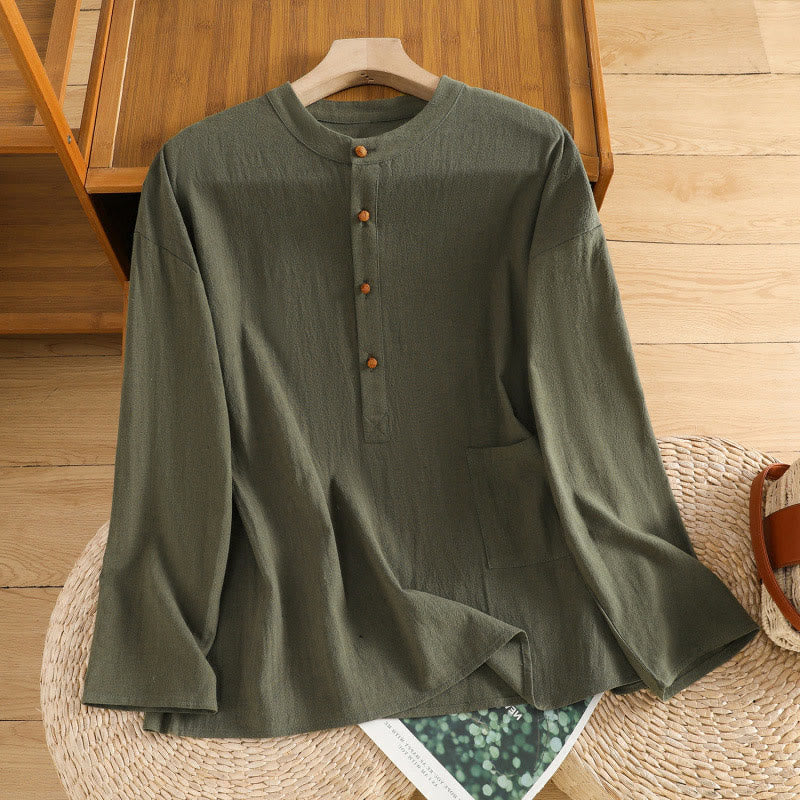 Buddha Stones Summer Casual Pure Color Half Button Simple Design Women's Cotton Linen Half Sleeve Shirt With Pocket