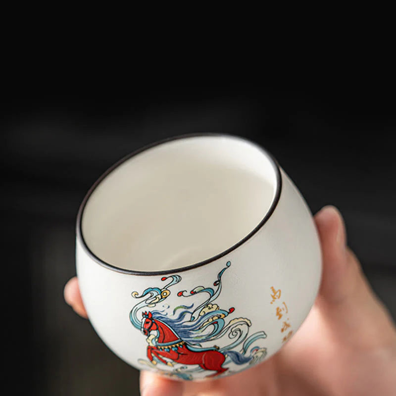 Buddha Stones Year Of The Horse Hand Painted Ceramic Teacup Kung Fu Tea Cup