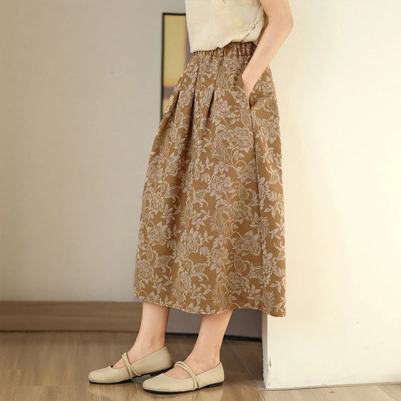 Buddha Stones Printing Flower Paisley Pattern A-line Elastic Waist Cotton Women's Skirt With Pockets