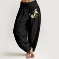 Buddha Stones Cranes Lotus Pattern Pure Cotton Women's Elastic Waist Harem Pants