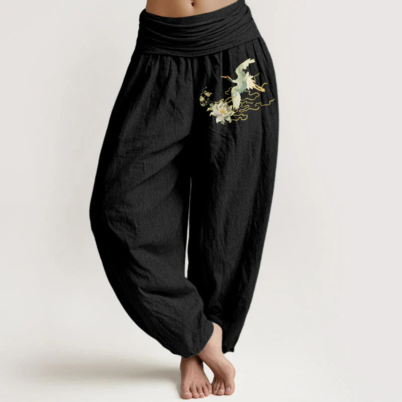 Buddha Stones Cranes Lotus Pattern Pure Cotton Women's Elastic Waist Harem Pants