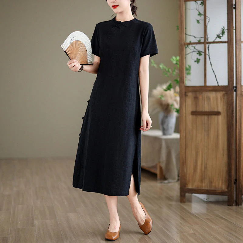 Buddha Stones Summer Vintage Pure Color Chinese Frog-Button Cheongsam Qipao Midi Dress