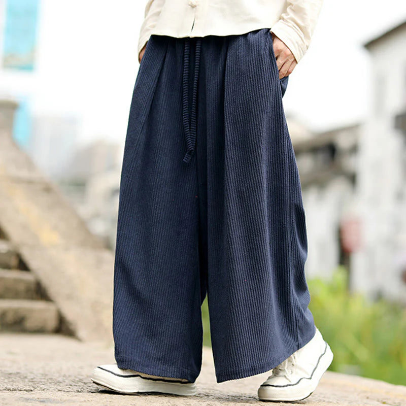 Buddha Stones Fall Solid Color Drawstring Design Men's Corduroy Wide Leg Pants With Pockets