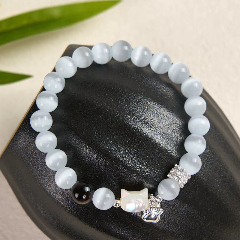 Buddha Stones Cat Head White Cat's Eye Silver Sheen Obsidian Positive Bracelet