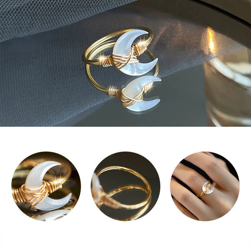 Buddha Stones Natural Tridacna Stone Moon 14K Gold Blessing Ring (Extra 30% Off | USE CODE: FS30)