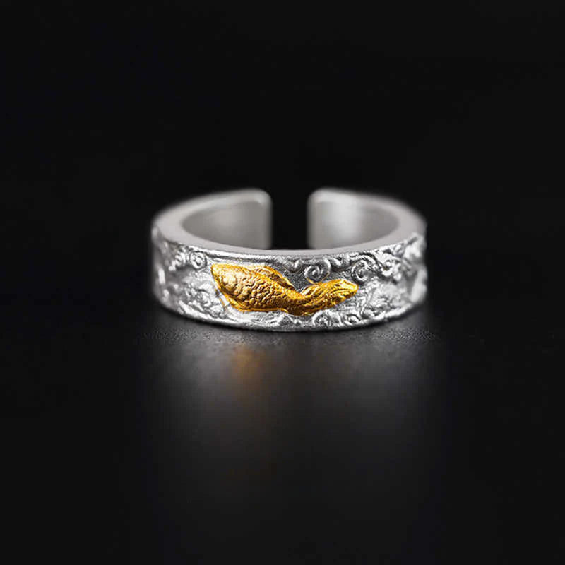 Buddha Stones 999 Sterling Silver 999 Gold Koi Fish Auspicious Clouds Luck Ring